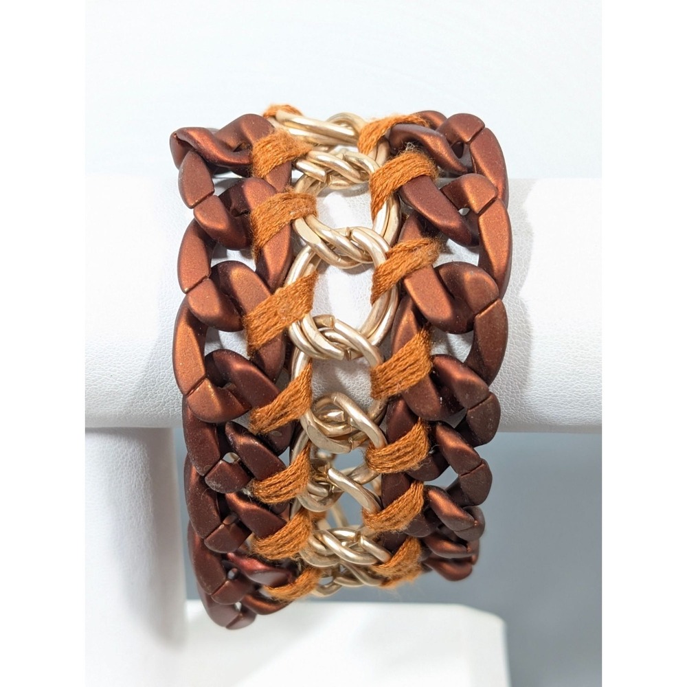 Boho Brown Orange Gold Tone‎ Wide Woven Curb Chain Toggle Bracelet 7"